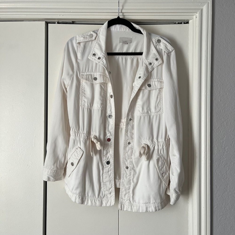 LOFT Womens Jacket XS White‎ Military Utility Anorak Drawstring Snap Button